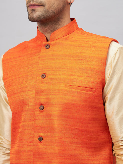 Vastramay Men's Orange Matka Silk Nehru Jacket With Gold Silk Blend Kurta and Pant style Pyjama Set